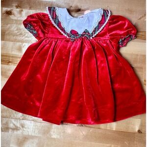 Vintage Style Velvet Holiday Dress Toddler Red Excellent Plaid Lace Trim Bow